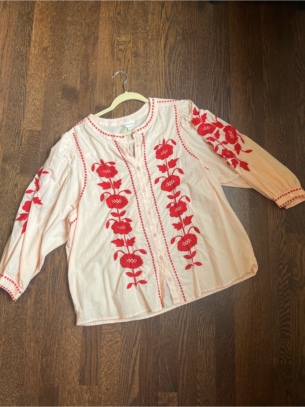 Monsoon Cream Blouse with Bright Red Floral Embroidery